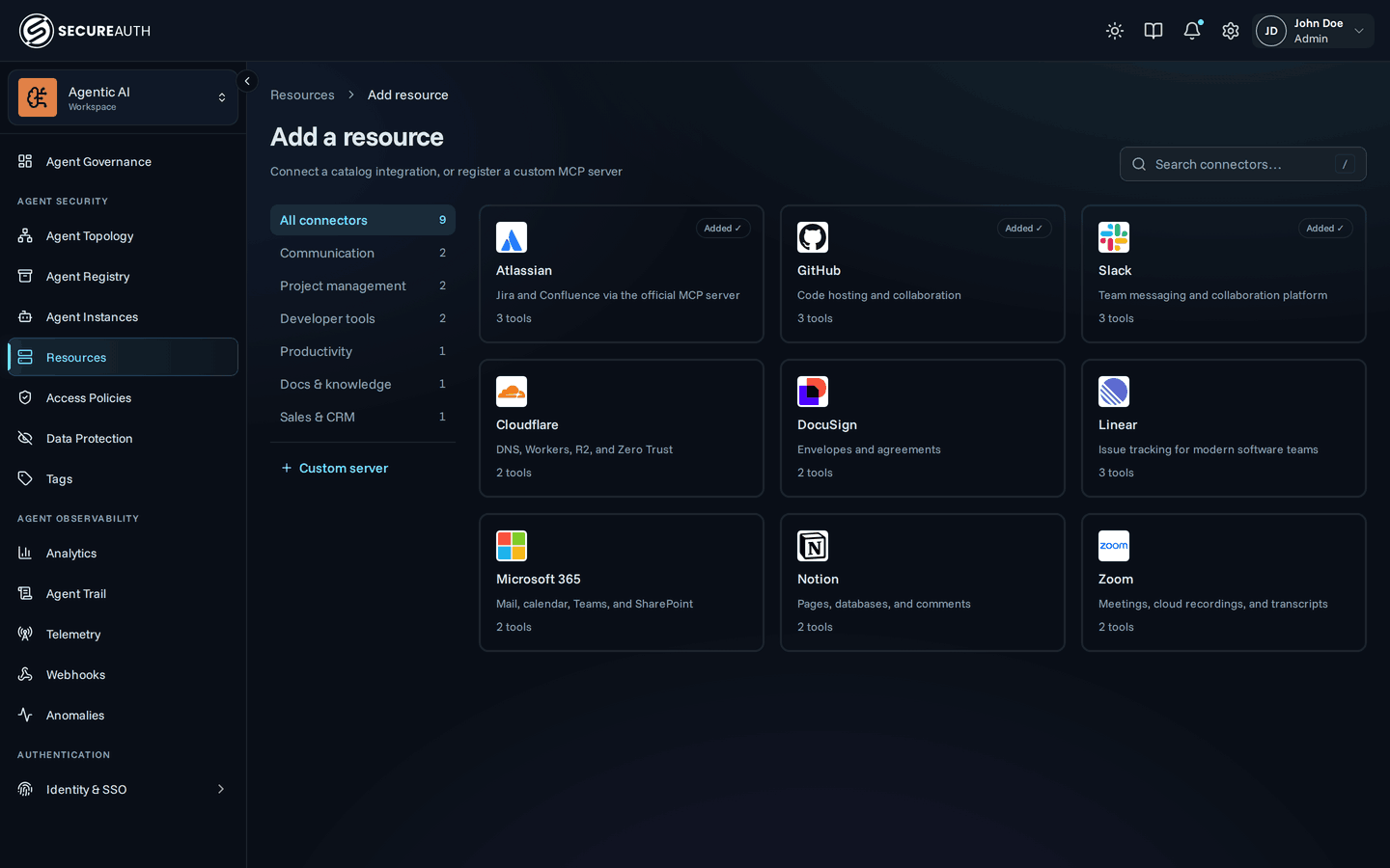 Catalog page with search, category rail, and connector cards