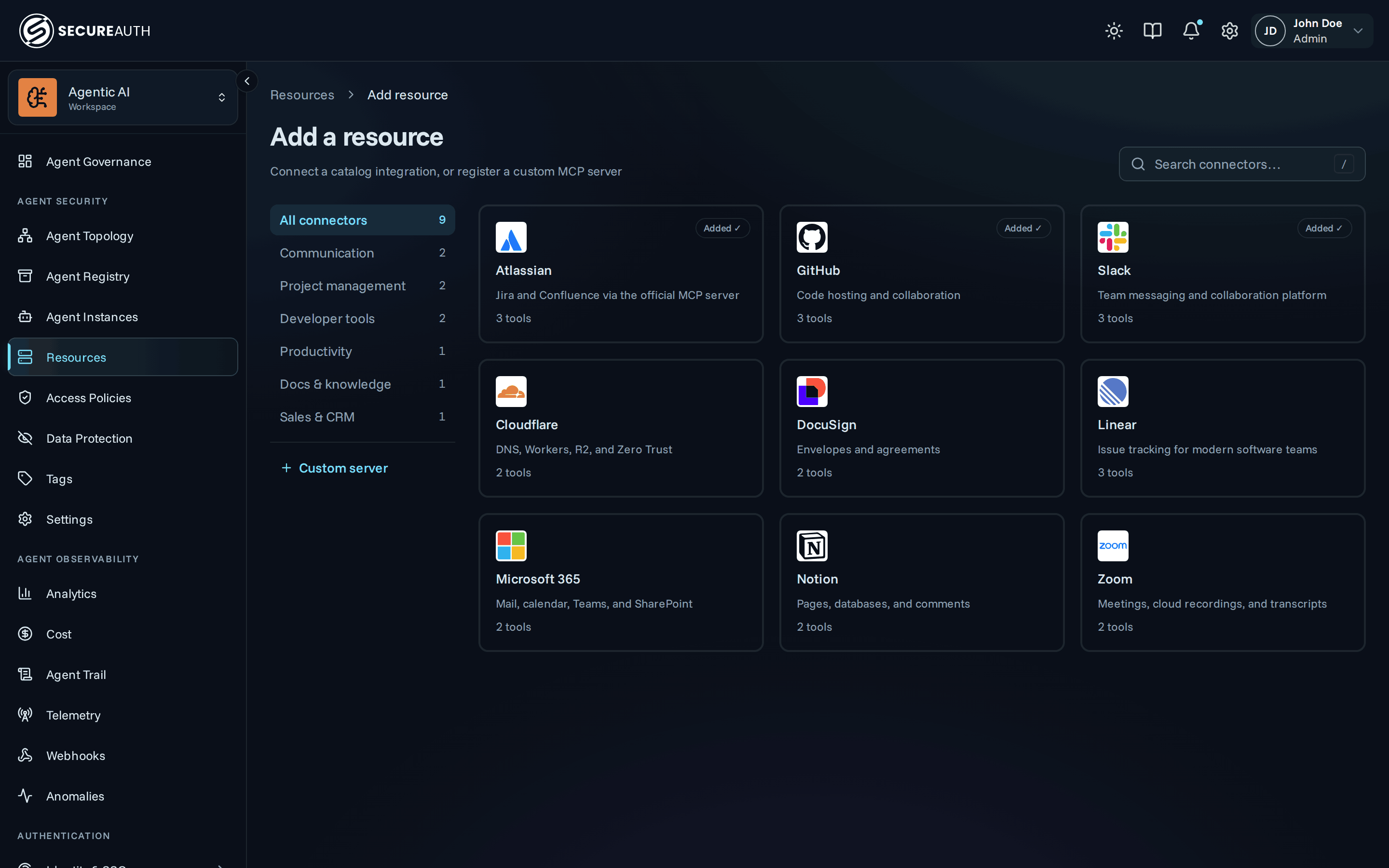 Catalog page with search, category rail, and connector cards