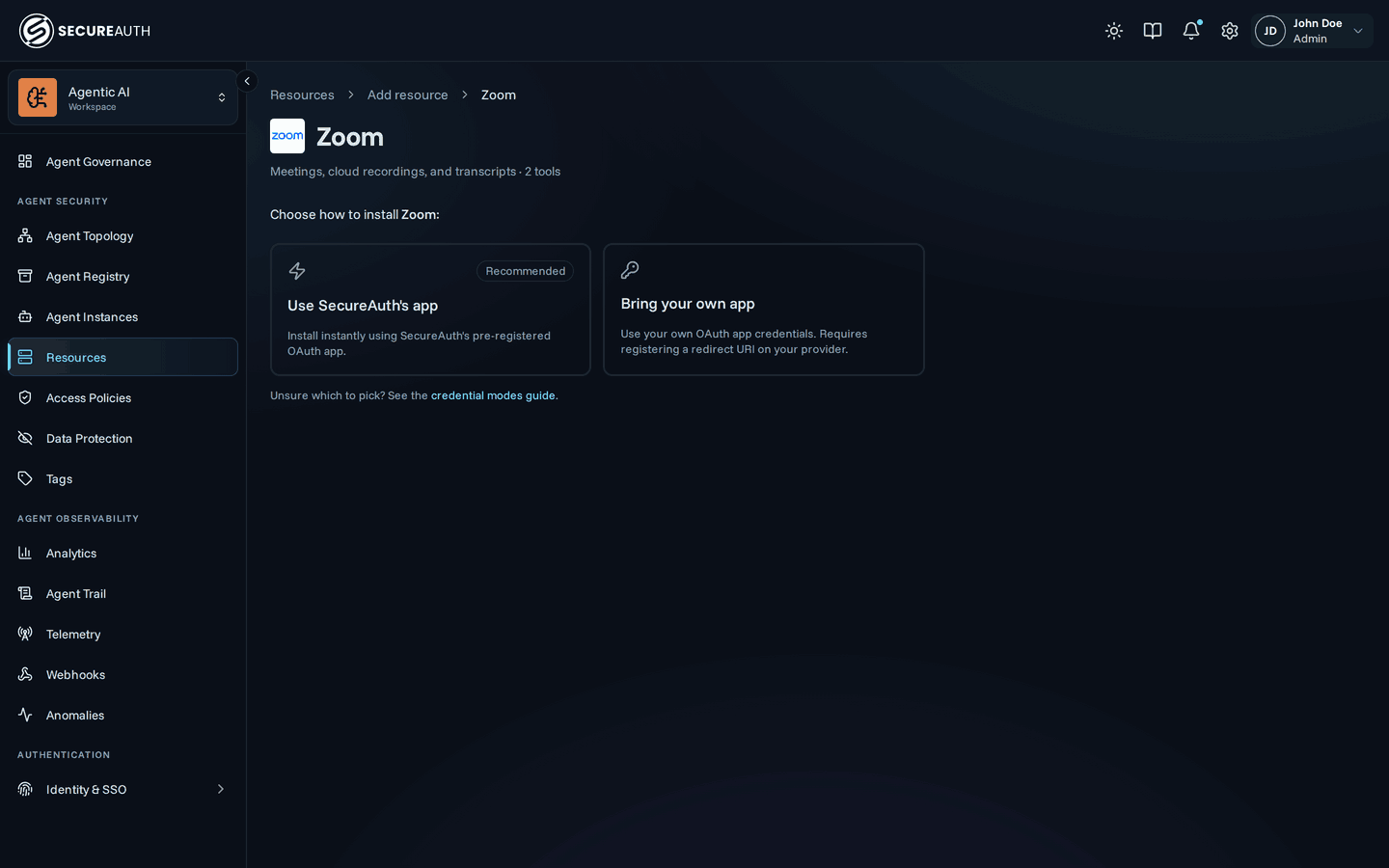 Credential mode picker shown on a multi-mode connector's page
