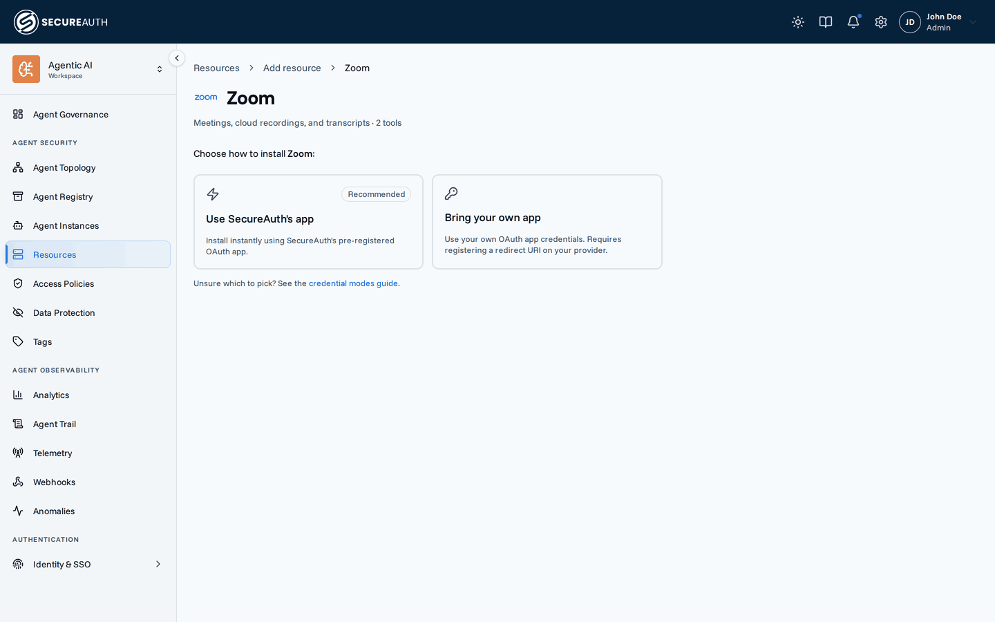 Credential mode picker shown on a multi-mode connector's page