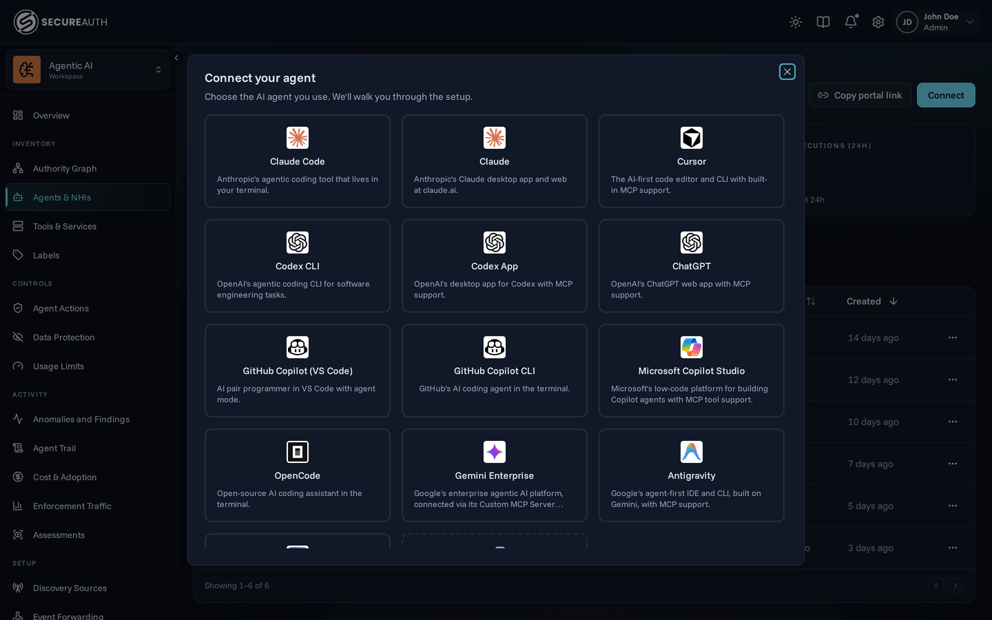 The Agent Instances page with the Connect your agent dialog open on the catalog of agents