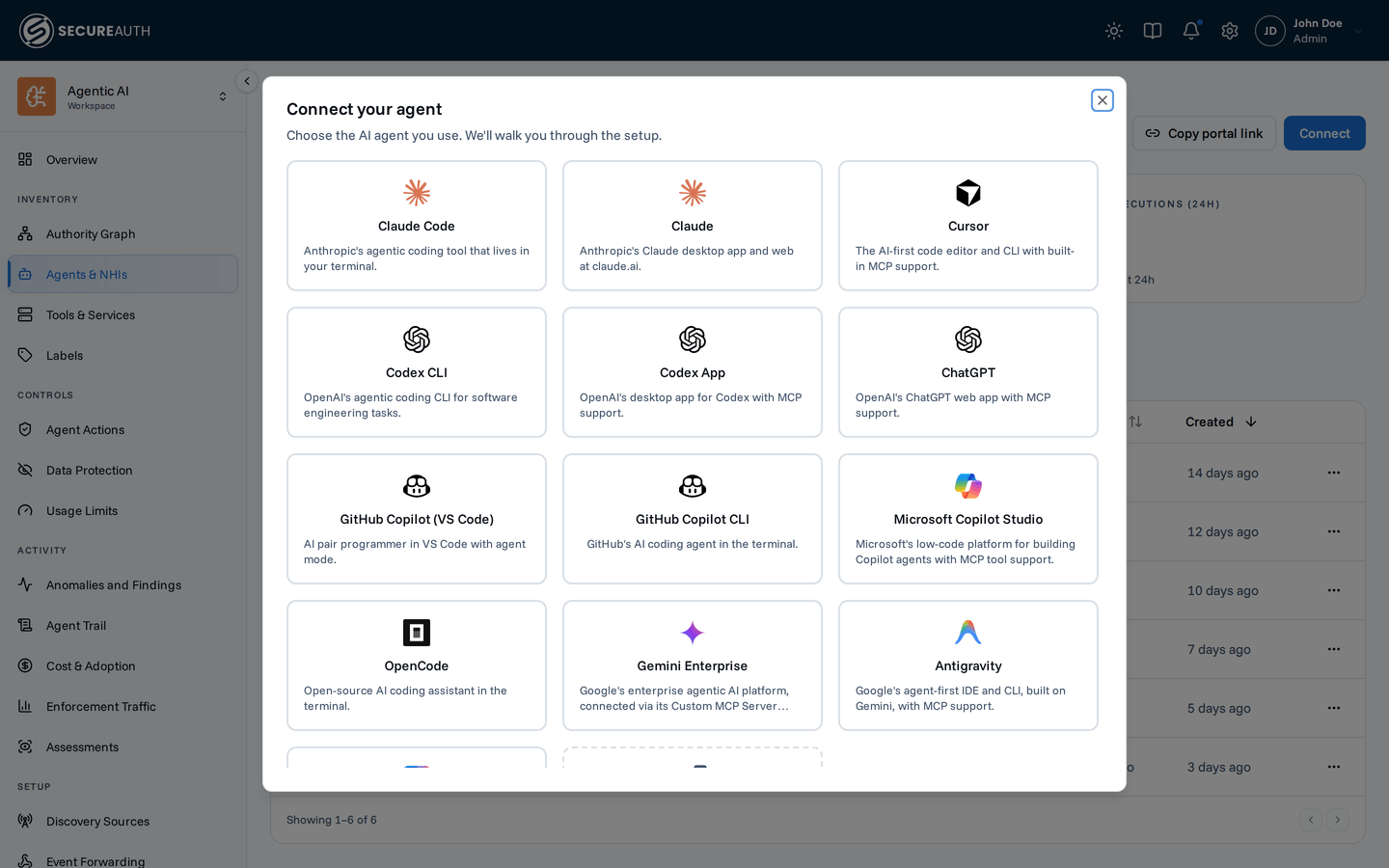 The Agent Instances page with the Connect your agent dialog open on the catalog of agents