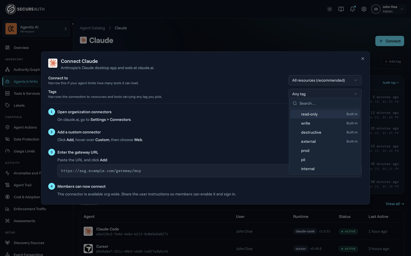 Connect dialog for Claude with the Tags picker open, listing resource tags