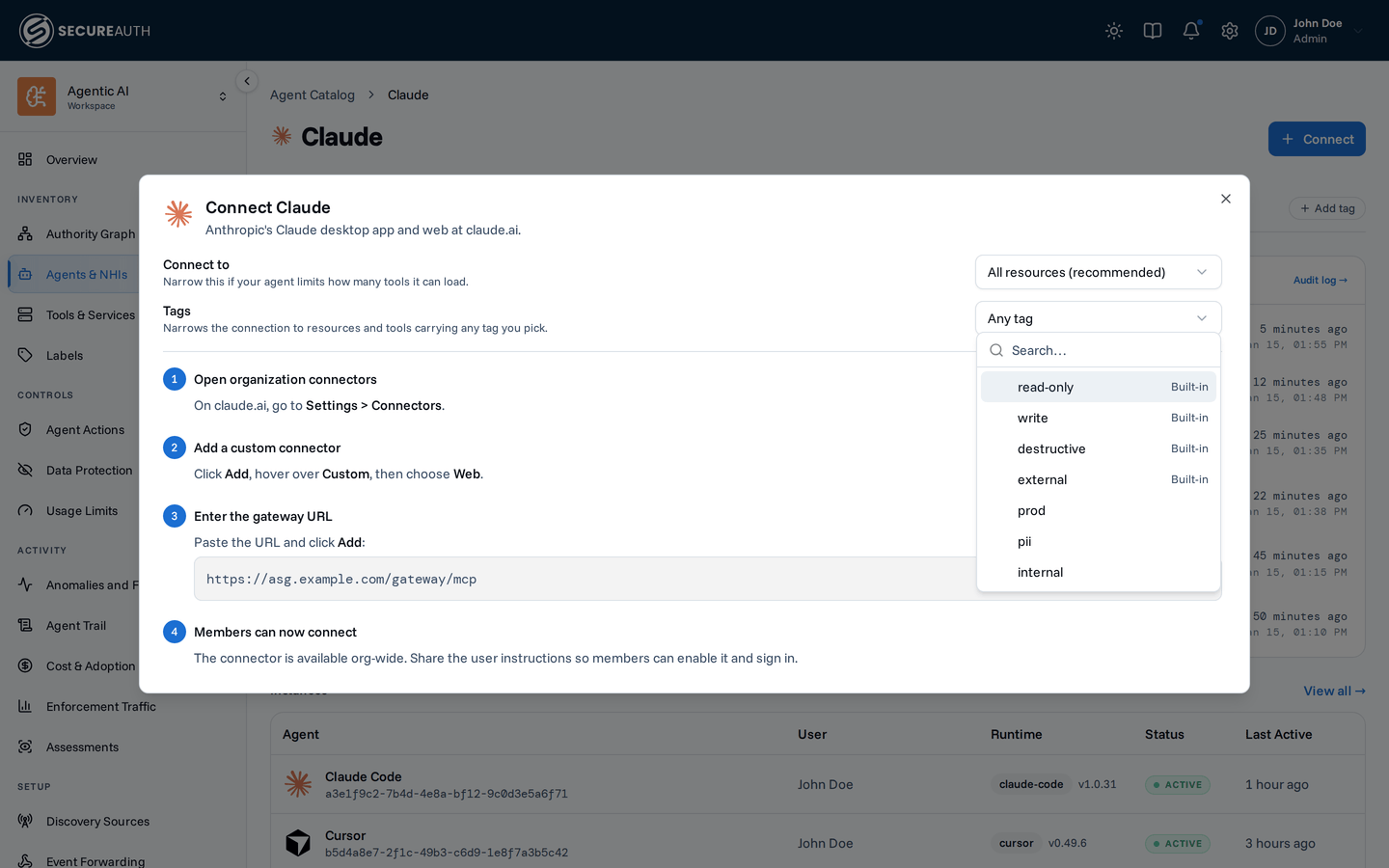 Connect dialog for Claude with the Tags picker open, listing resource tags