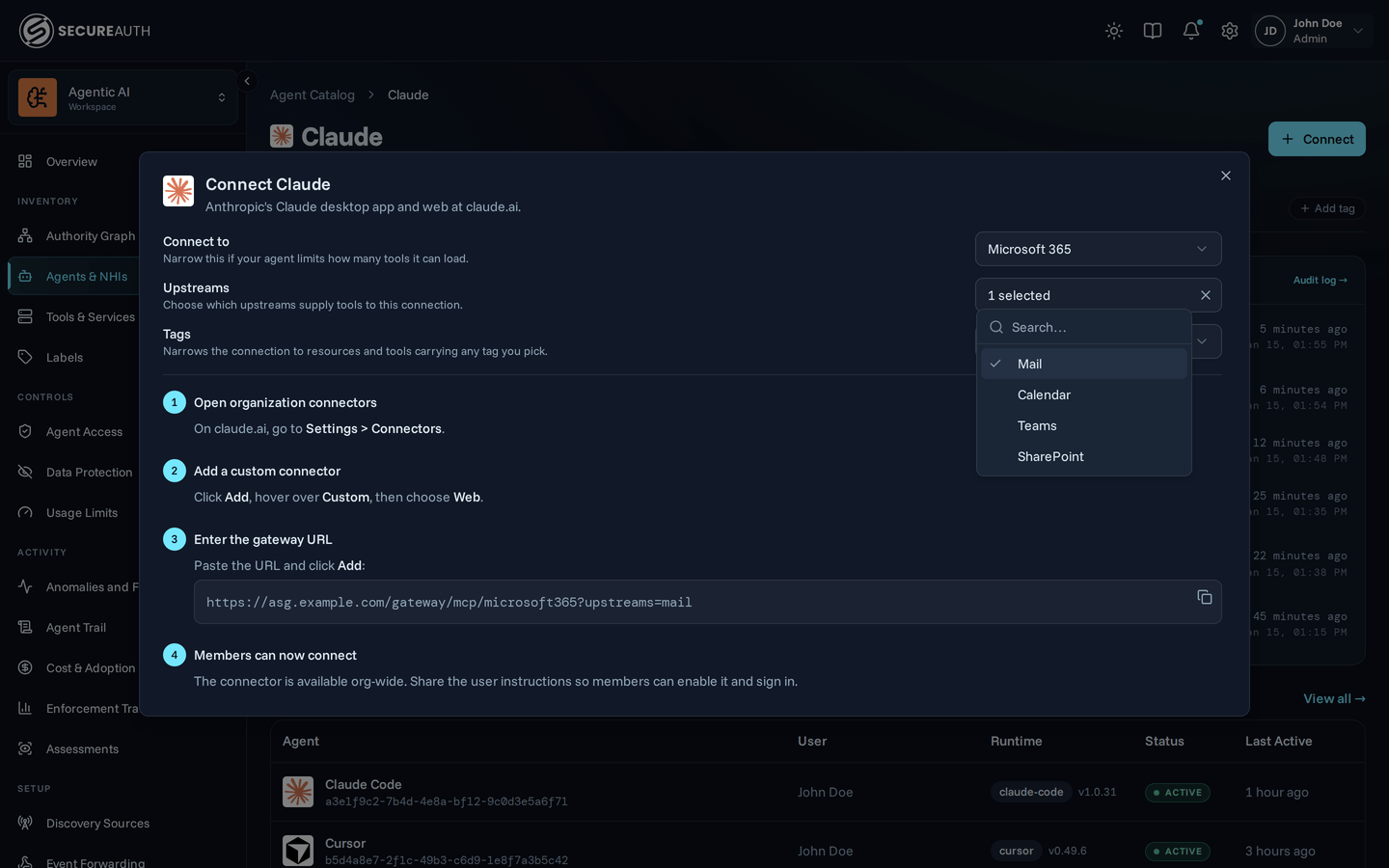 Connect dialog for Claude with Microsoft 365 picked and the Upstreams picker open, listing Mail, Calendar, Teams, and SharePoint