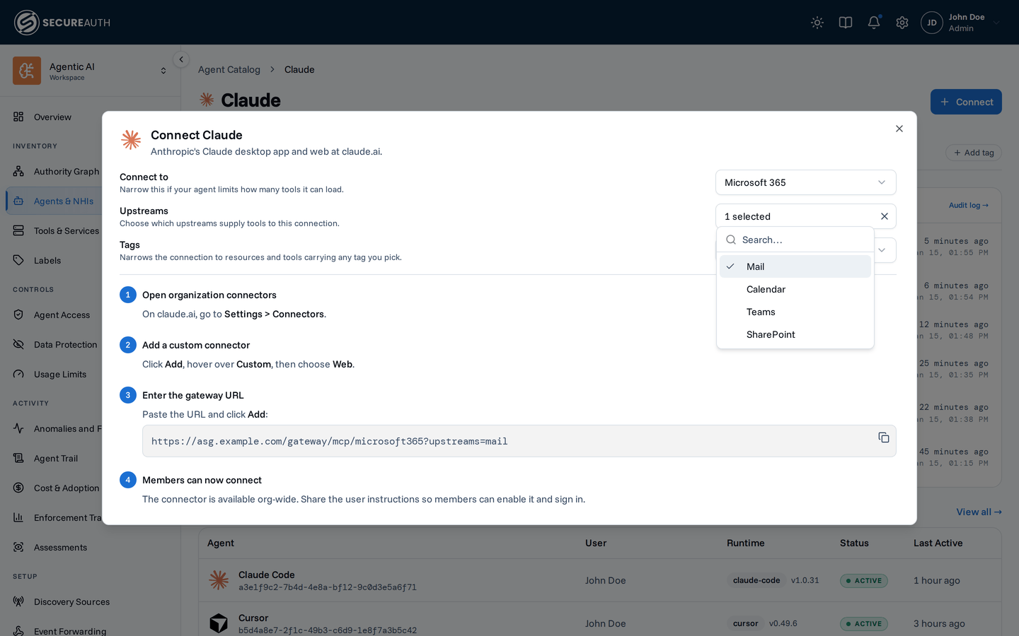 Connect dialog for Claude with Microsoft 365 picked and the Upstreams picker open, listing Mail, Calendar, Teams, and SharePoint