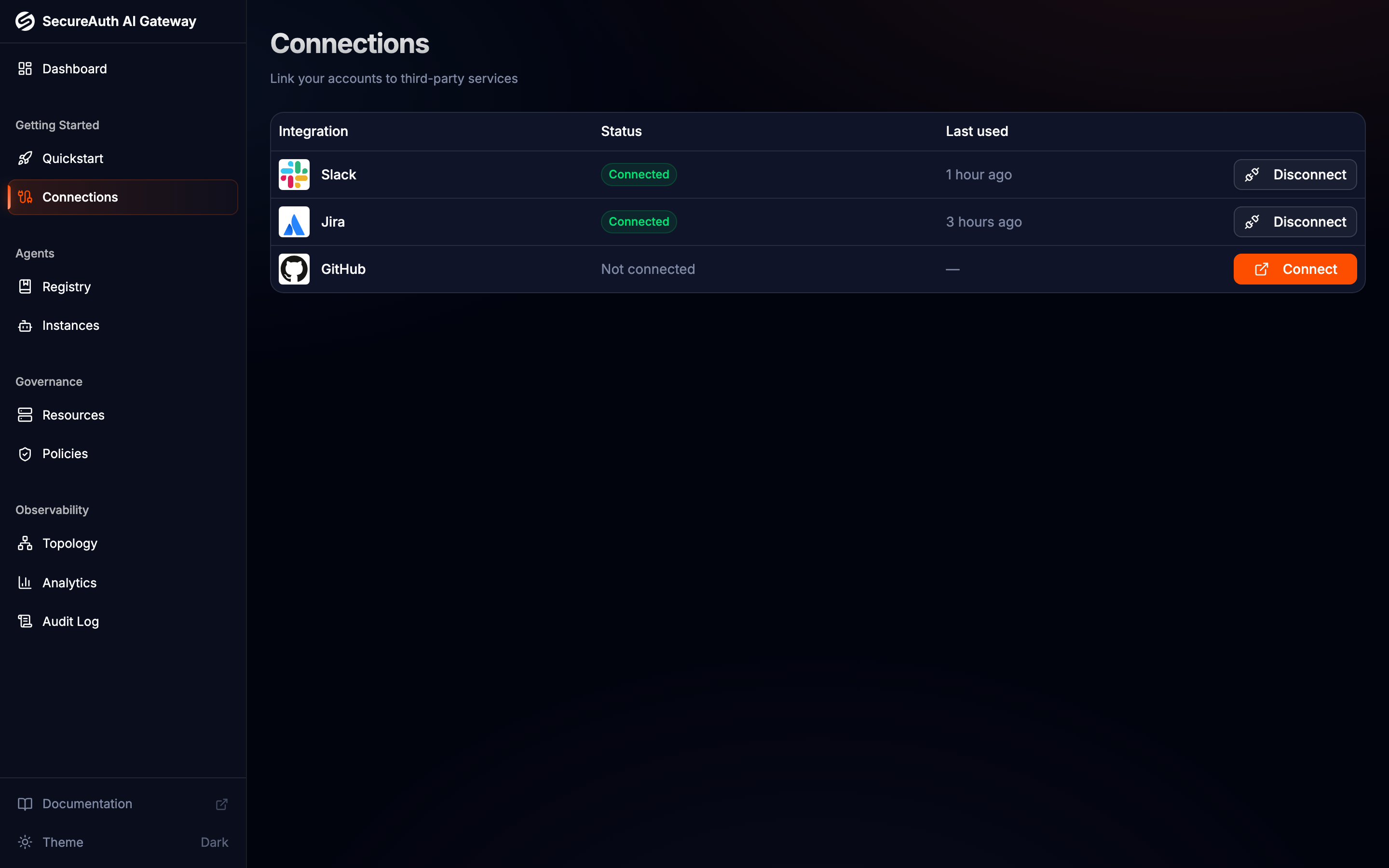Connections page showing linked services