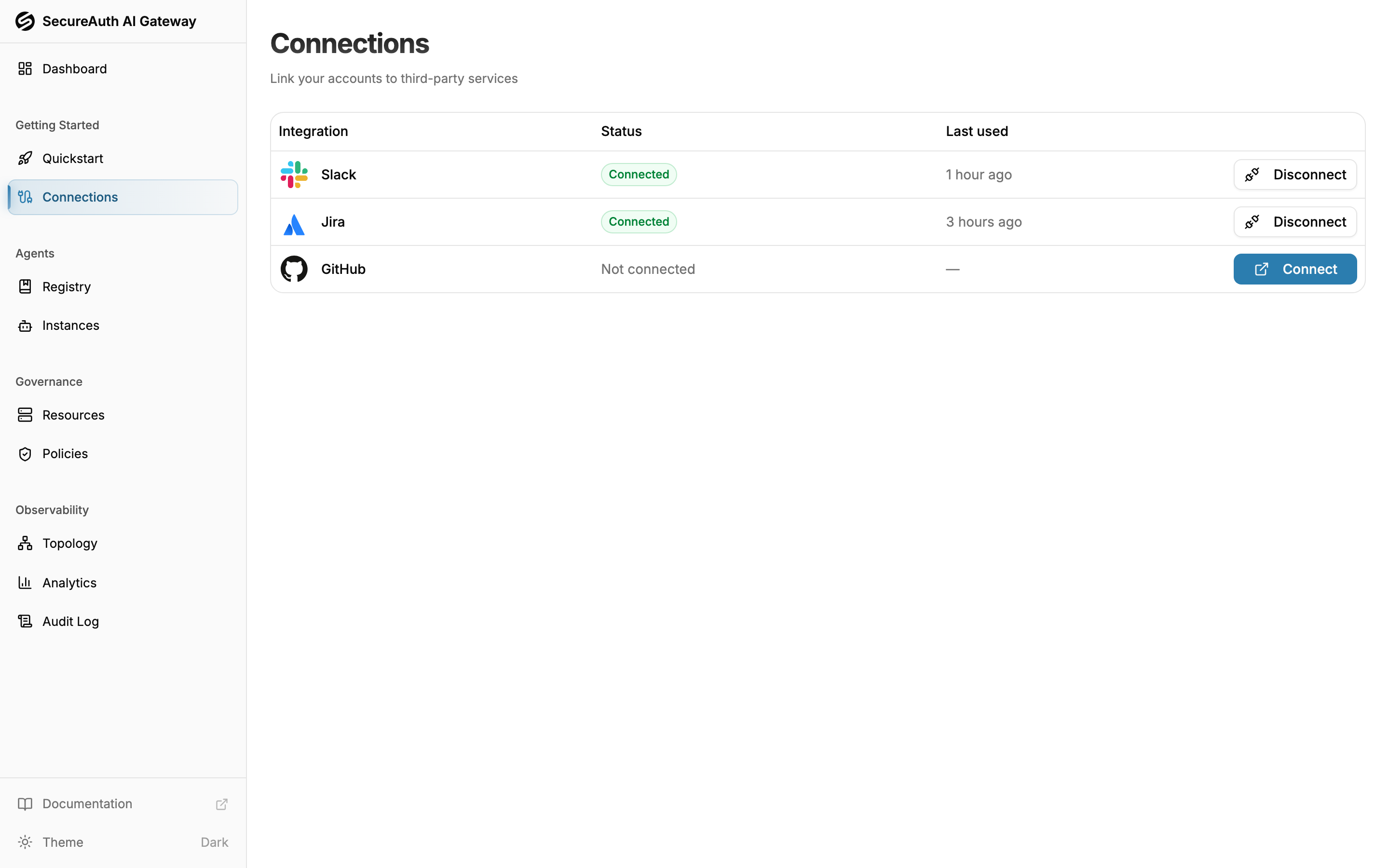 Connections page showing linked services