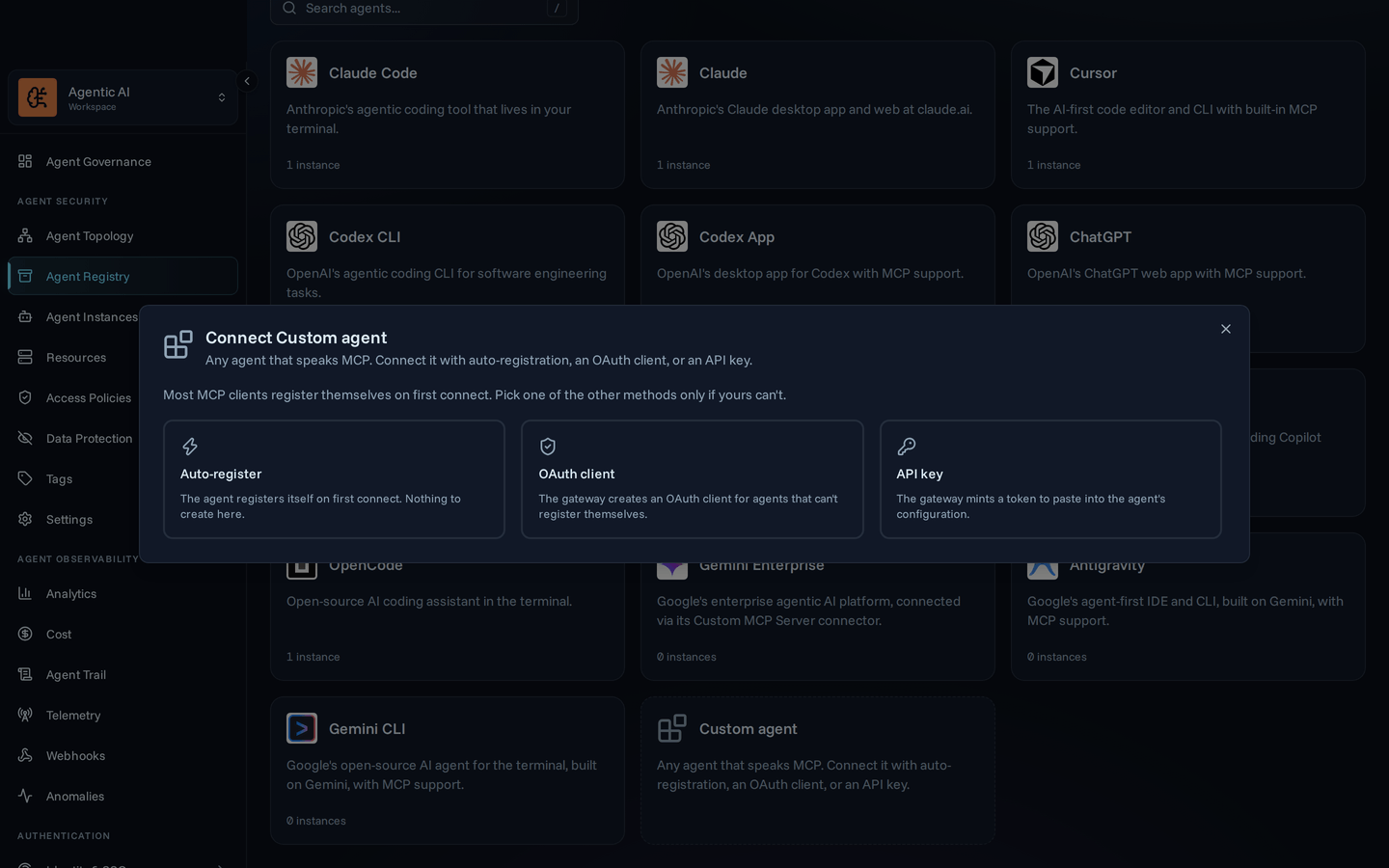 Custom agent dialog offering auto-registration, an OAuth client, and an API key