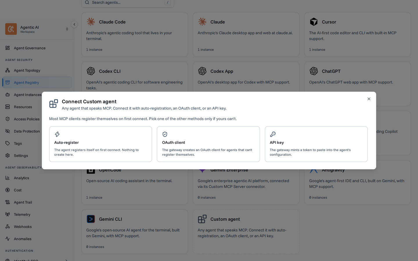 Custom agent dialog offering auto-registration, an OAuth client, and an API key