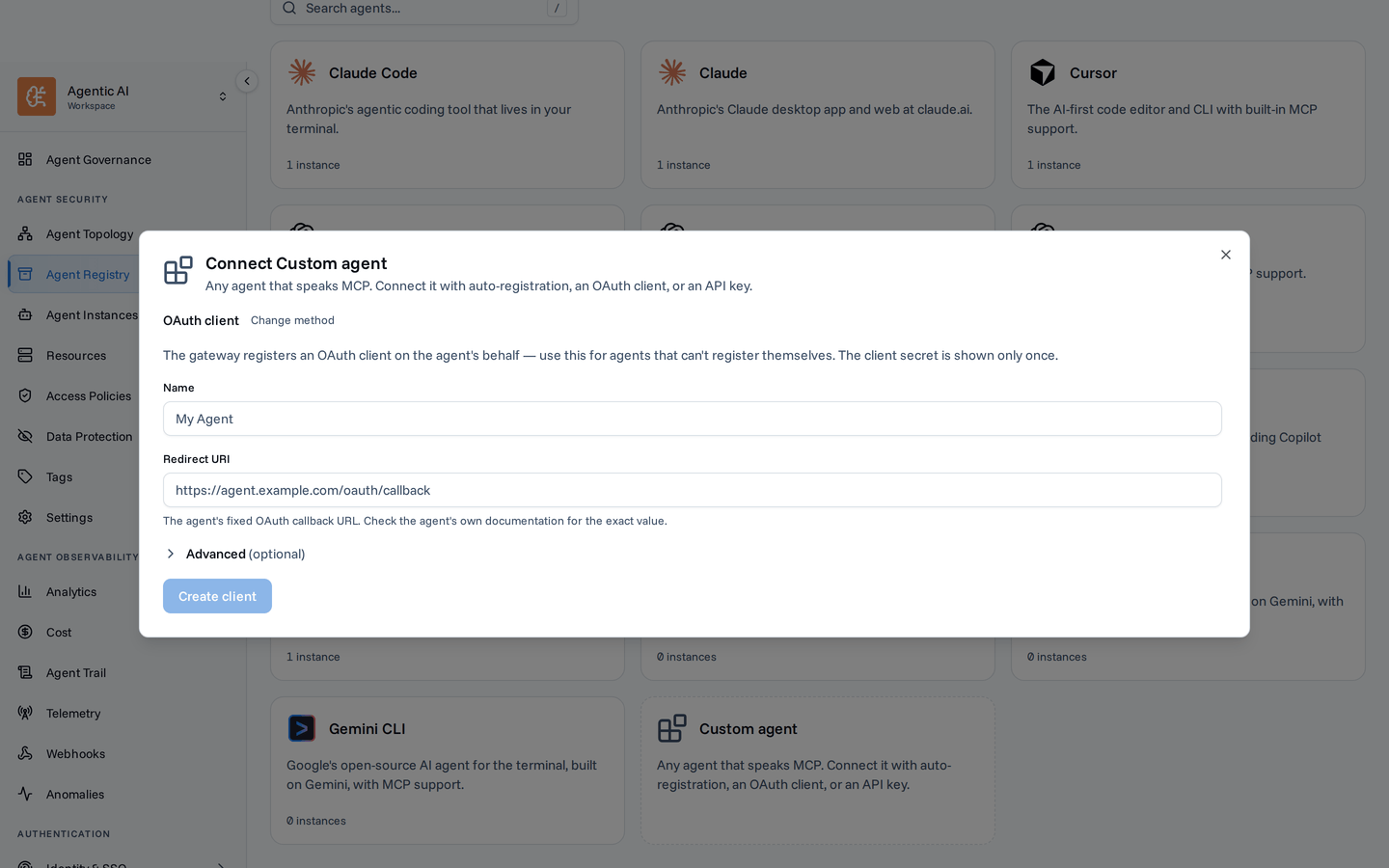 OAuth client form with name, redirect URI, and an advanced auth method