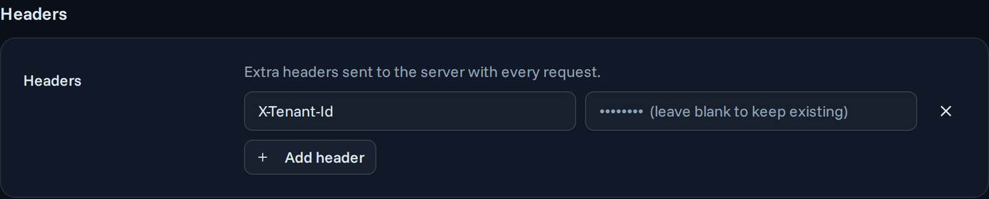 Headers section on a custom server's Settings tab, with one stored header name and an empty value field