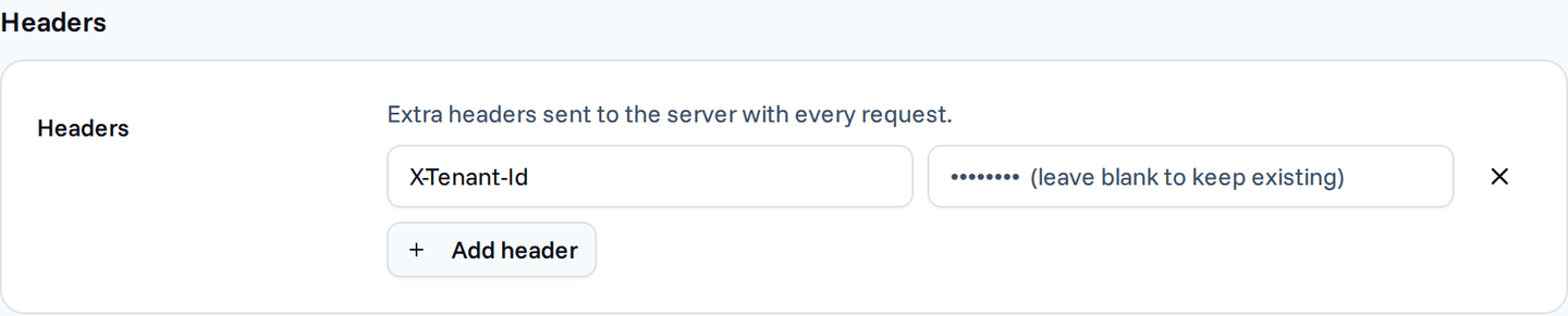 Headers section on a custom server's Settings tab, with one stored header name and an empty value field