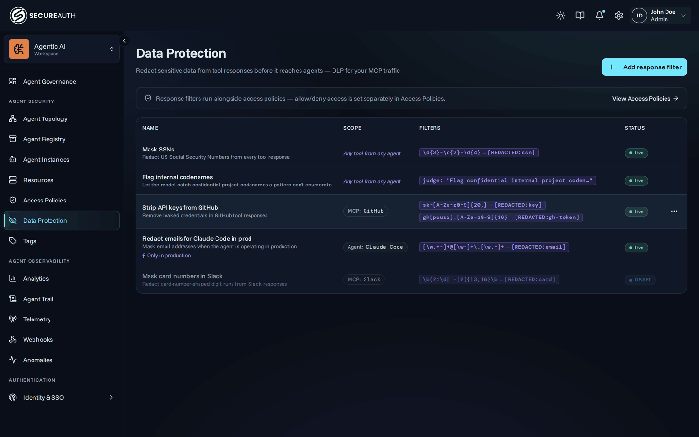 Data Protection page listing response filters with their scope, patterns, and status