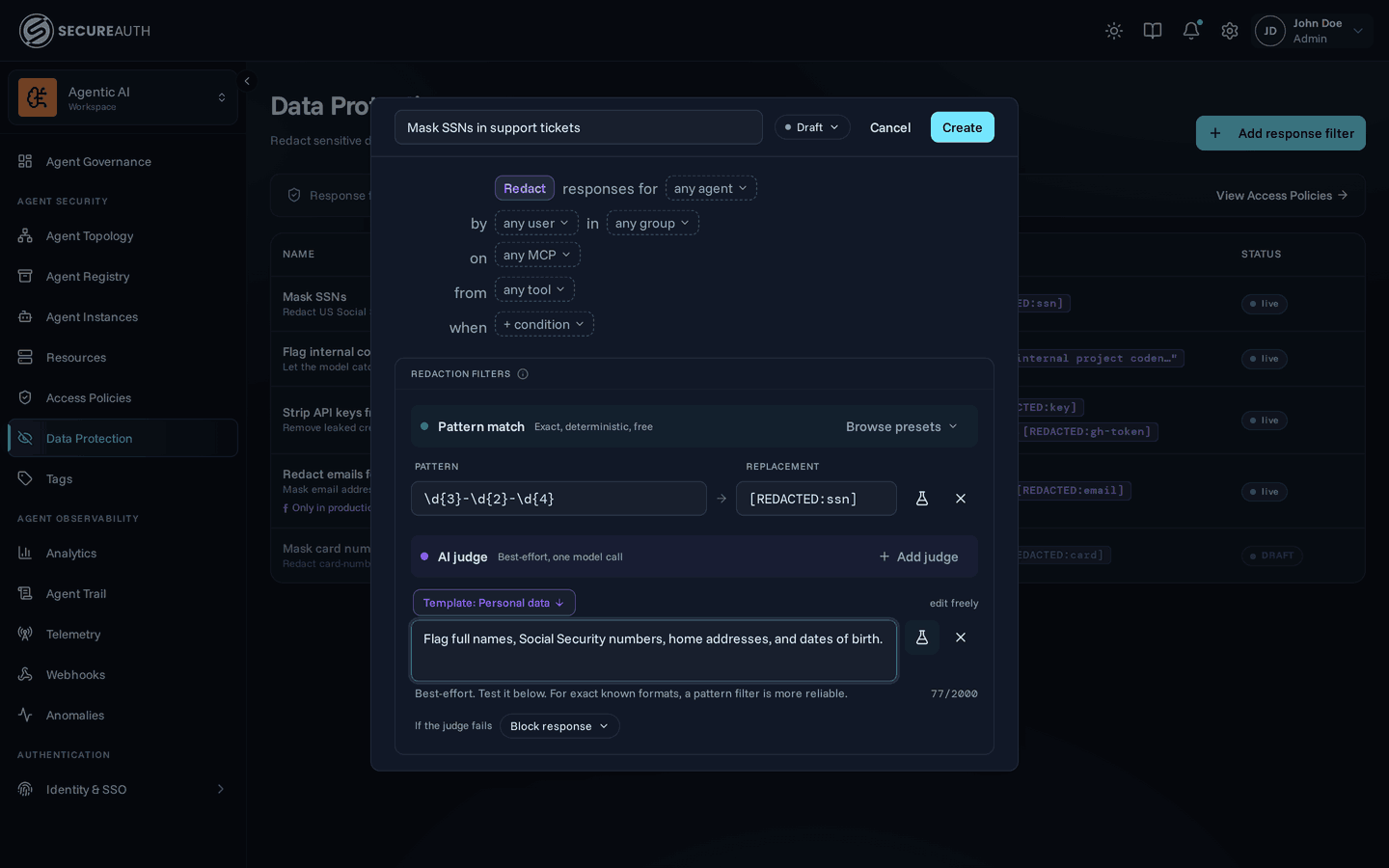 Response filter editor showing the scope sentence and a pattern/replacement row