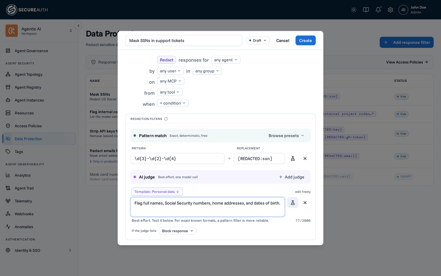 Response filter editor showing the scope sentence and a pattern/replacement row