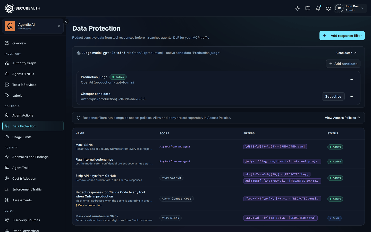 Data Protection page with the Judge model strip expanded, listing the judge's candidates