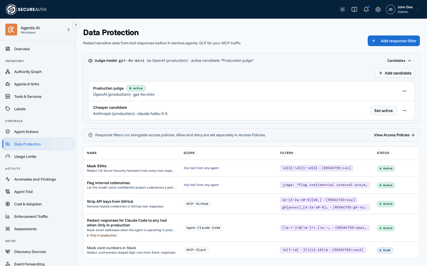 Data Protection page with the Judge model strip expanded, listing the judge's candidates