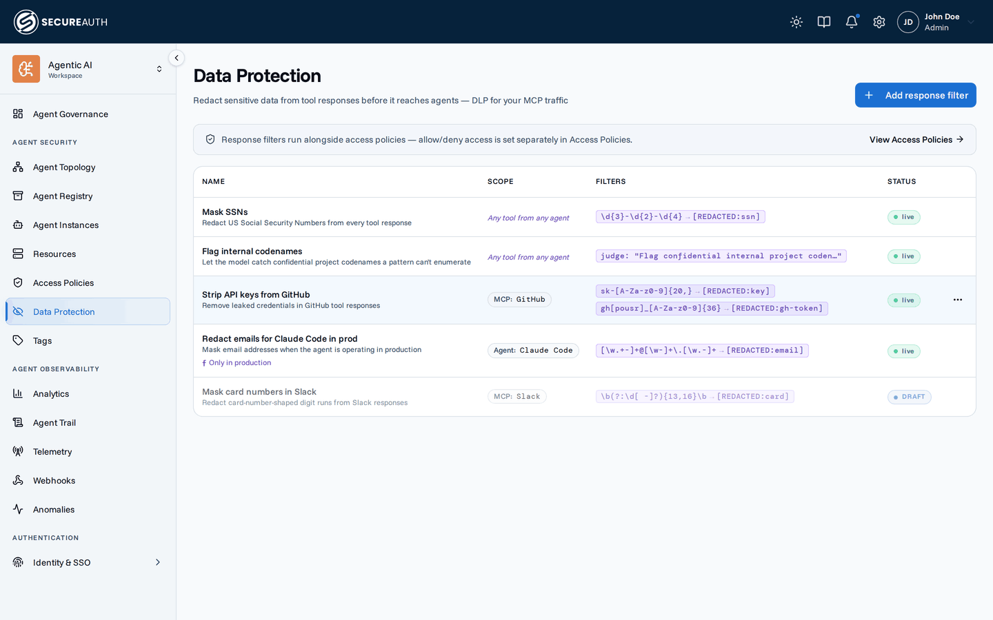 Data Protection page listing response filters with their scope, patterns, and status
