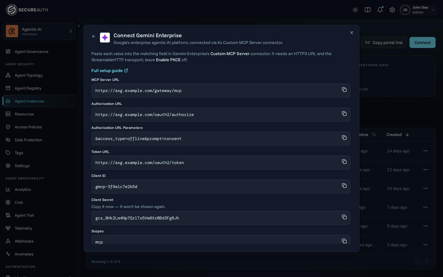 The Connect Gemini Enterprise dialog after creating the client, showing the OAuth values to copy
