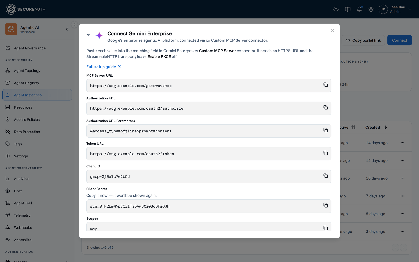 The Connect Gemini Enterprise dialog after creating the client, showing the OAuth values to copy