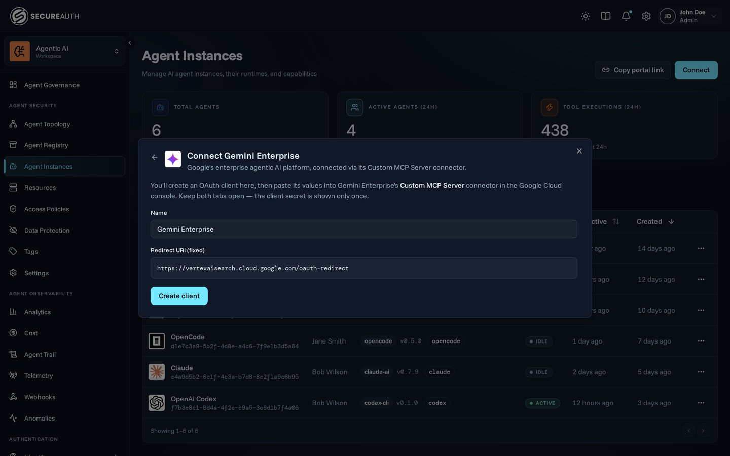 The Connect Gemini Enterprise dialog with the Create client step