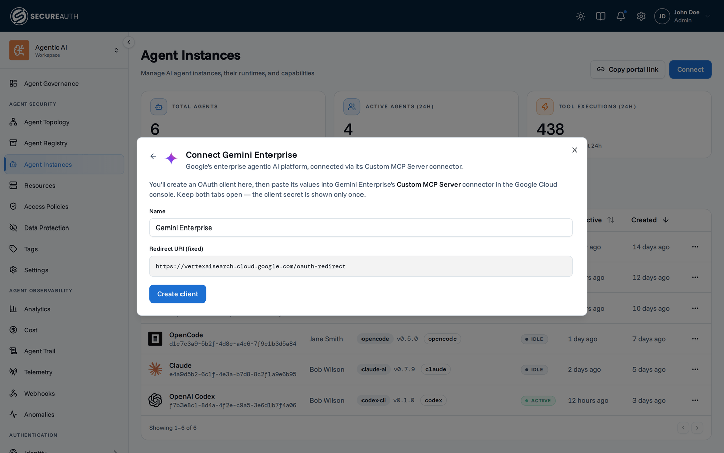 The Connect Gemini Enterprise dialog with the Create client step