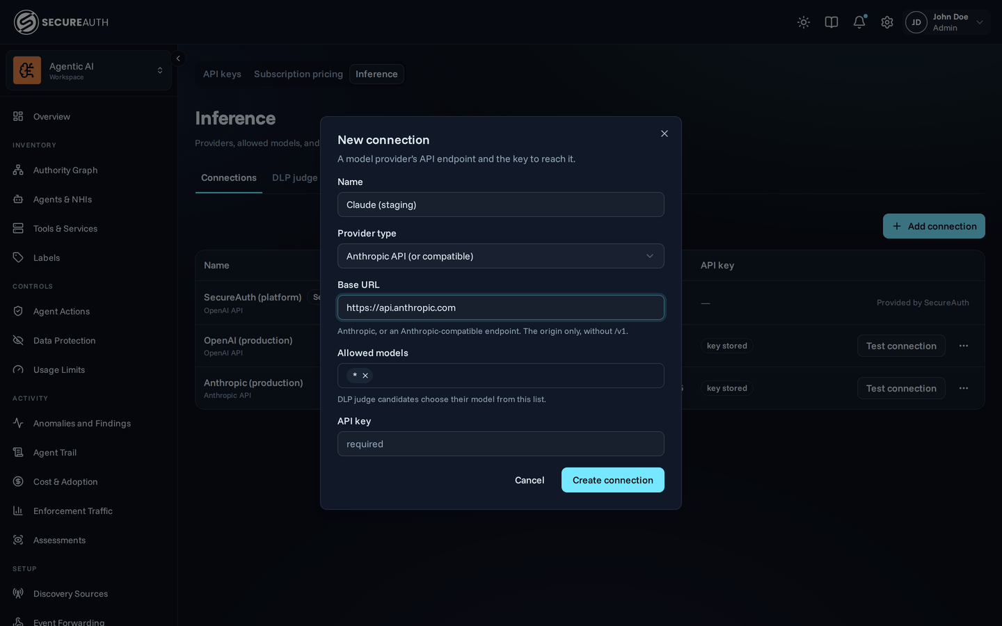 New connection dialog with the Anthropic API provider type selected