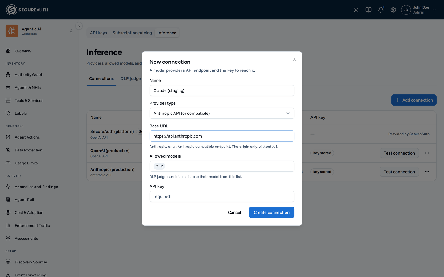 New connection dialog with the Anthropic API provider type selected