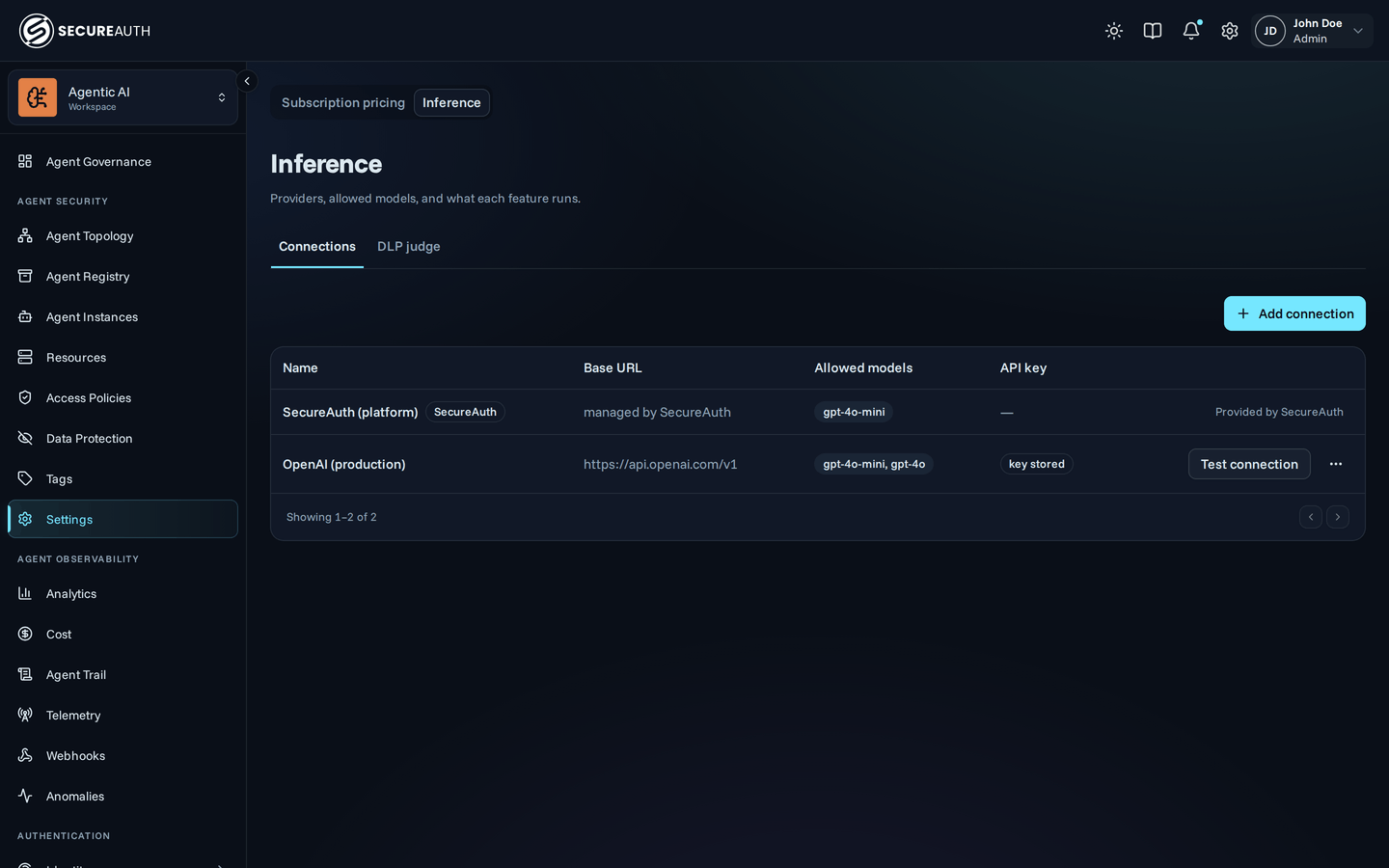 Inference page listing connections, with the managed platform connection and an organization's own OpenAI endpoint