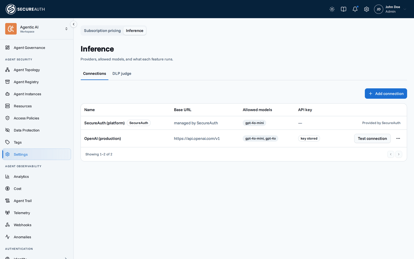 Inference page listing connections, with the managed platform connection and an organization's own OpenAI endpoint