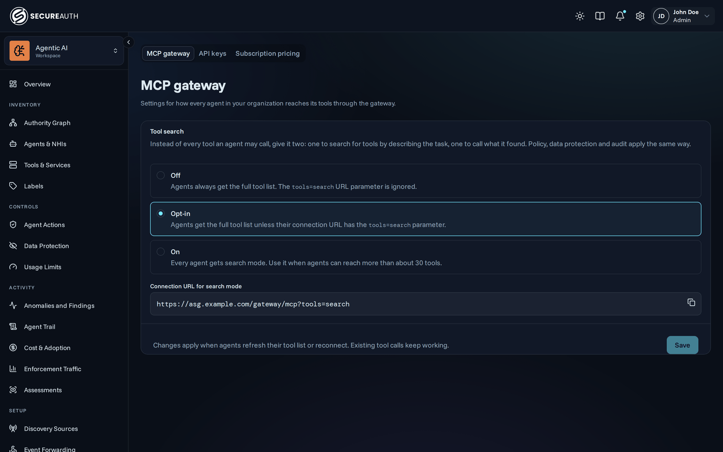 The MCP gateway settings tab with the Off, Opt-in, and On tool search options