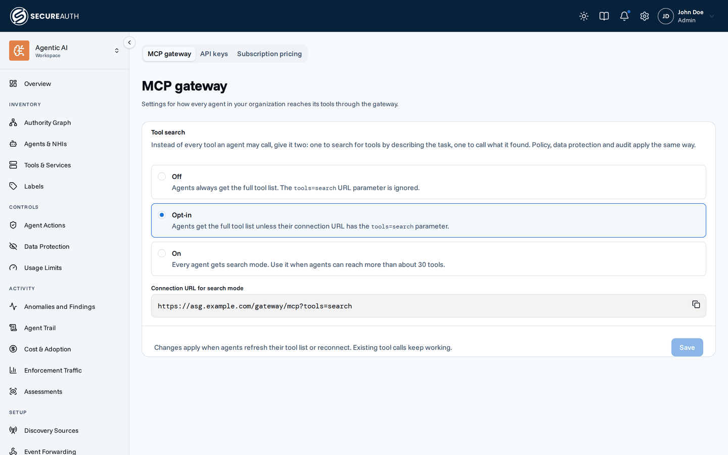 The MCP gateway settings tab with the Off, Opt-in, and On tool search options