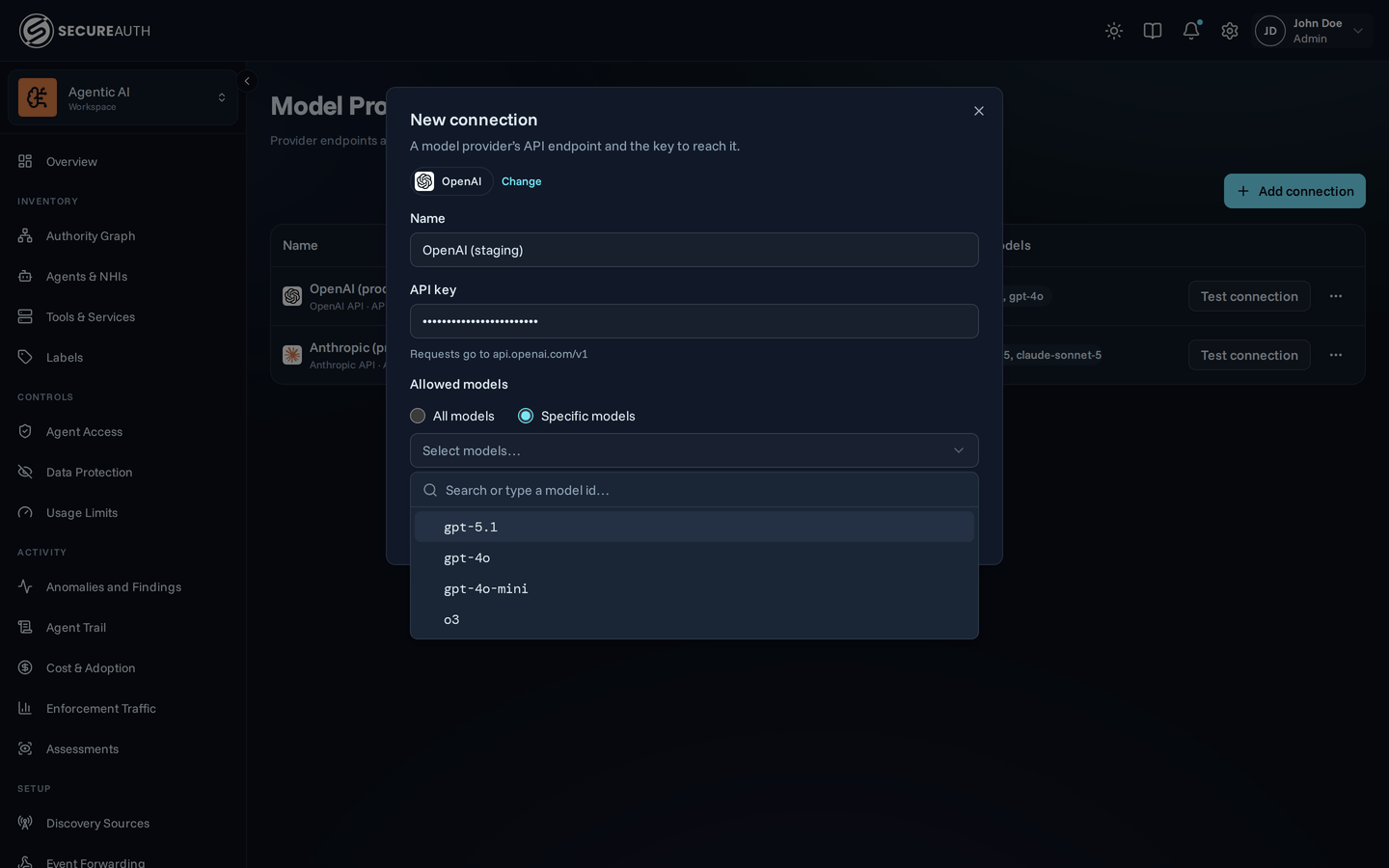 New connection dialog for OpenAI with Specific models chosen and the model list open