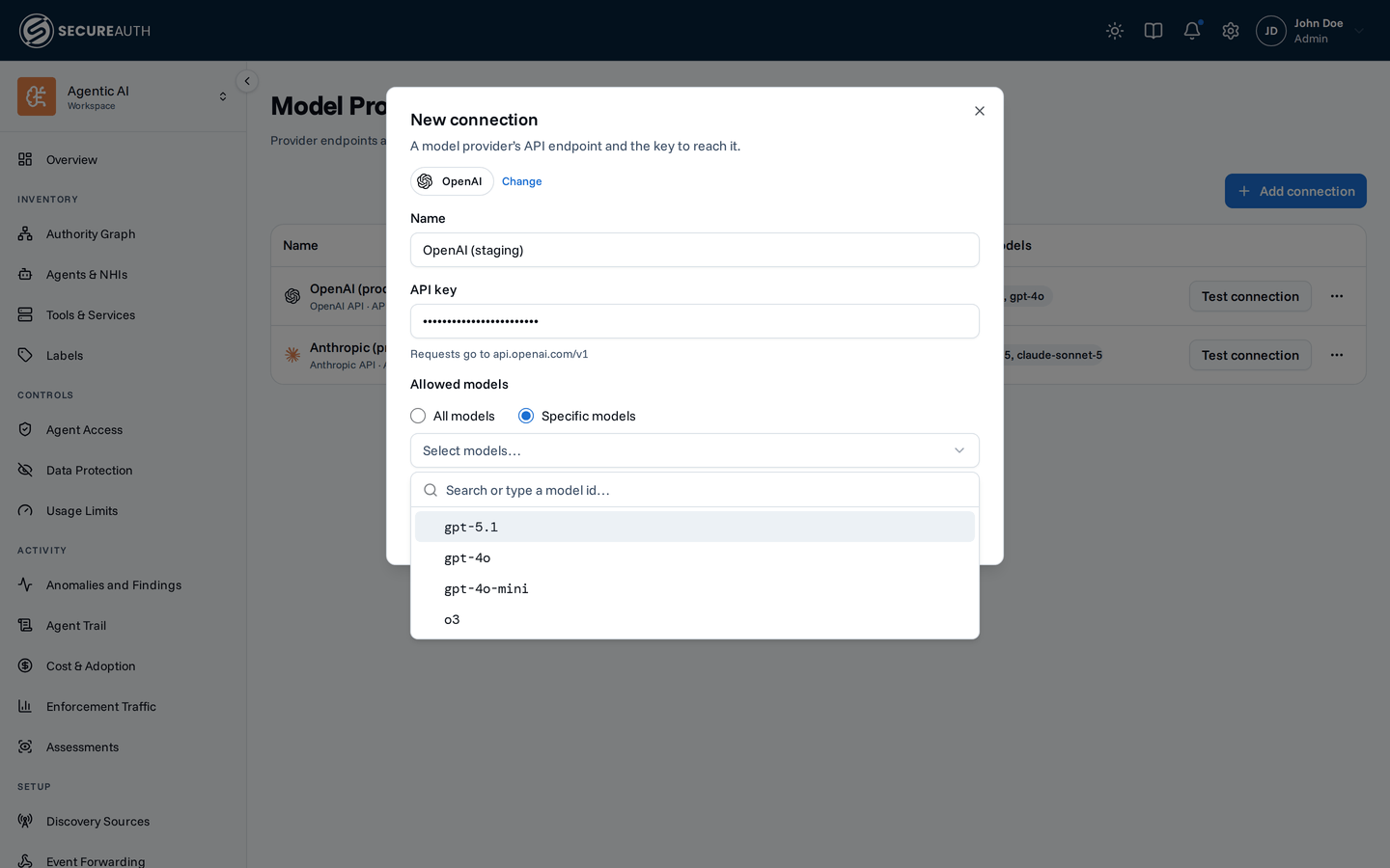 New connection dialog for OpenAI with Specific models chosen and the model list open