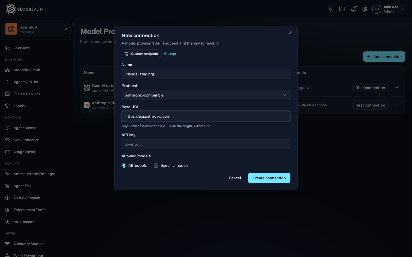 New connection dialog for a custom endpoint with the Anthropic-compatible protocol selected