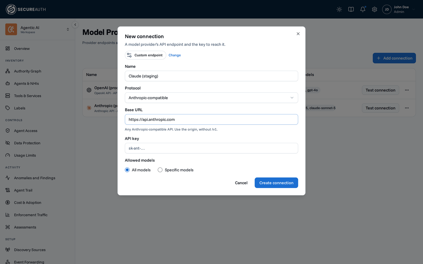 New connection dialog for a custom endpoint with the Anthropic-compatible protocol selected