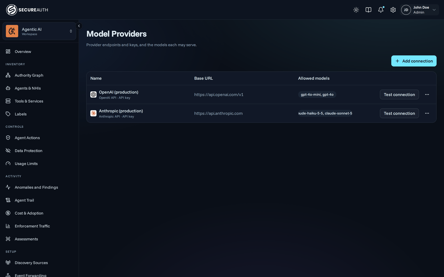 Model Providers page listing your organization's OpenAI and Anthropic connections