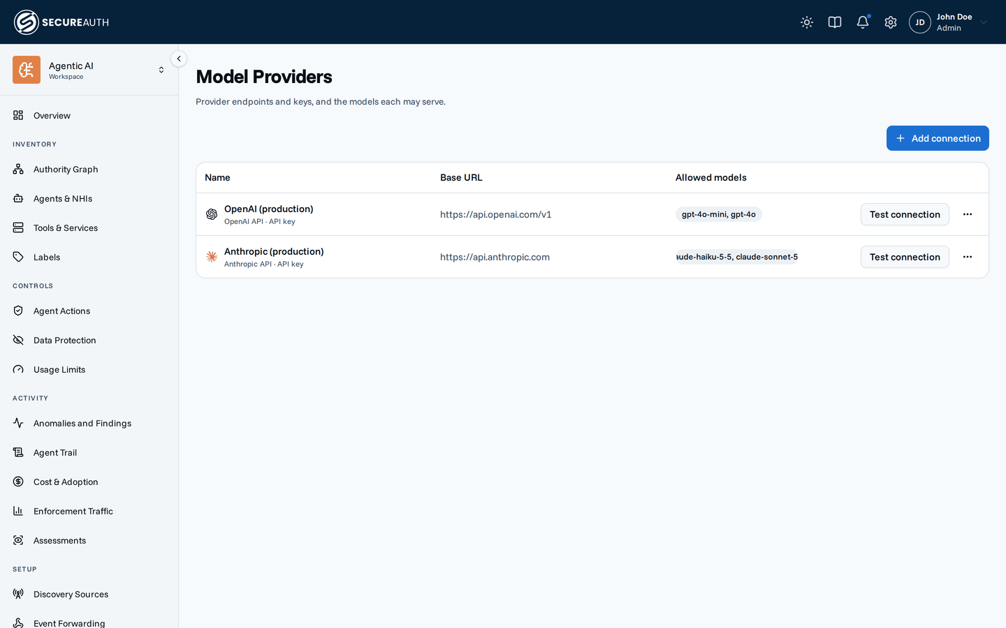Model Providers page listing your organization's OpenAI and Anthropic connections