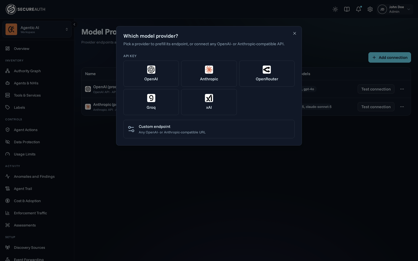 The Which model provider? dialog with a card for each model provider and a Custom endpoint option