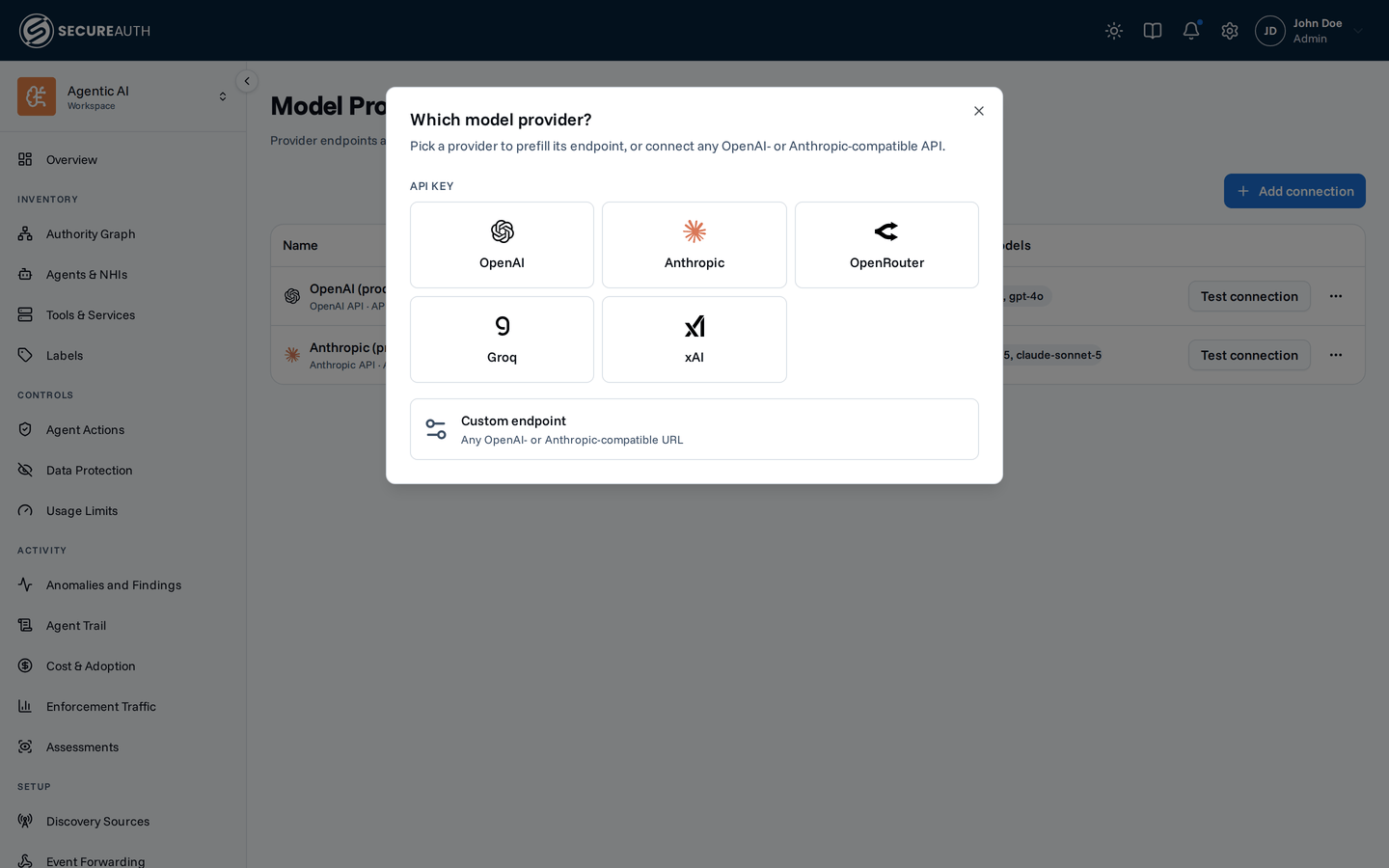 The Which model provider? dialog with a card for each model provider and a Custom endpoint option