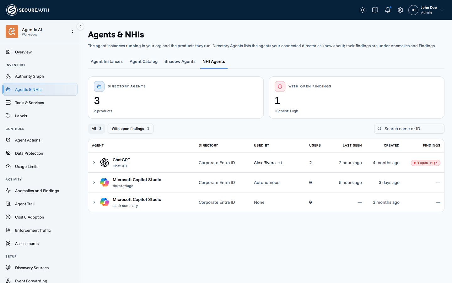 The NHI Agents tab, showing each agent with the users who used it and whether it acted autonomously
