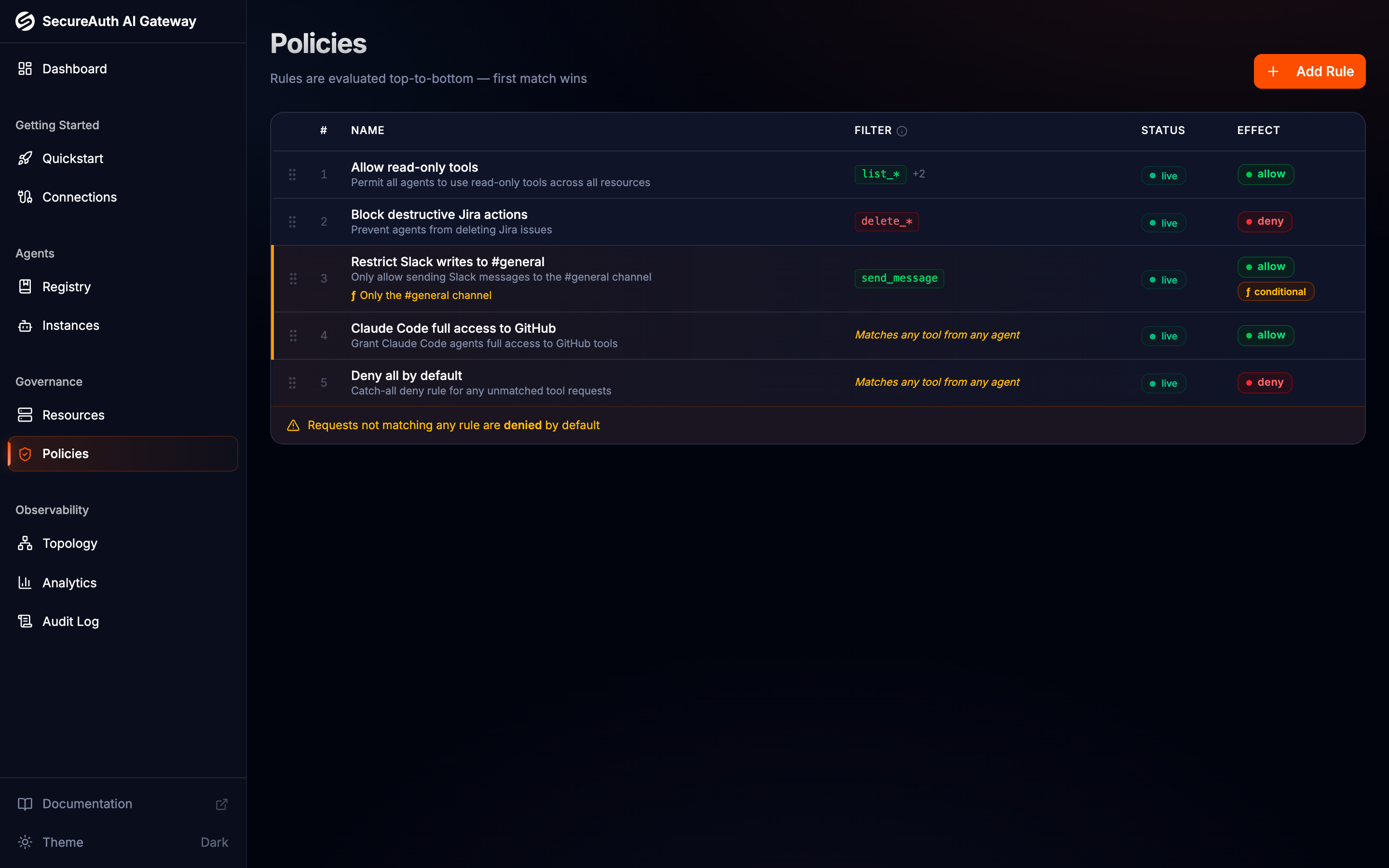 Policy rules table with drag-to-reorder