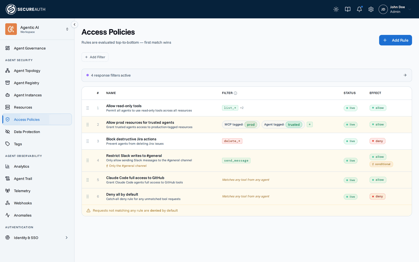 Policy rules table with drag-to-reorder