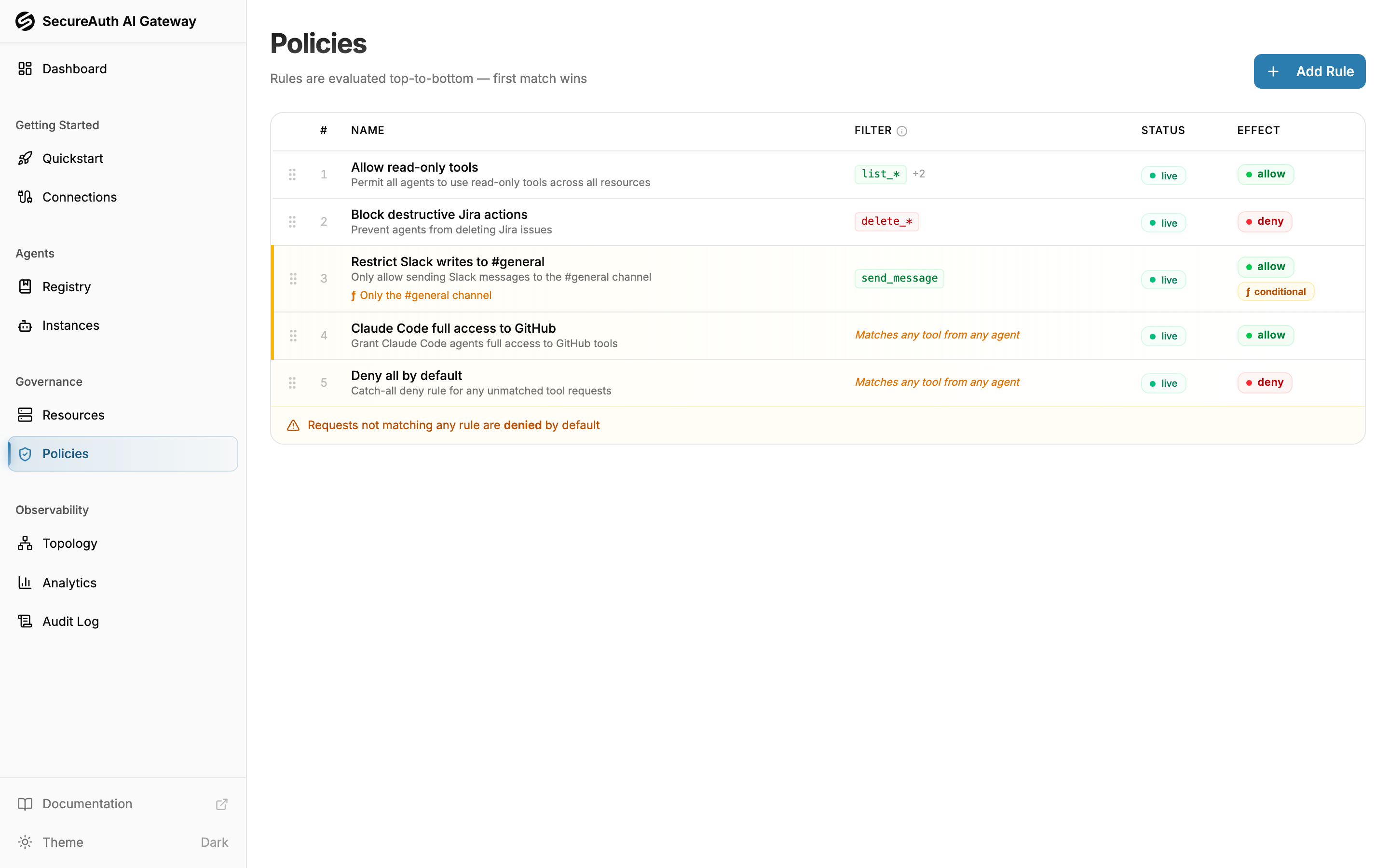 Policy rules table with drag-to-reorder