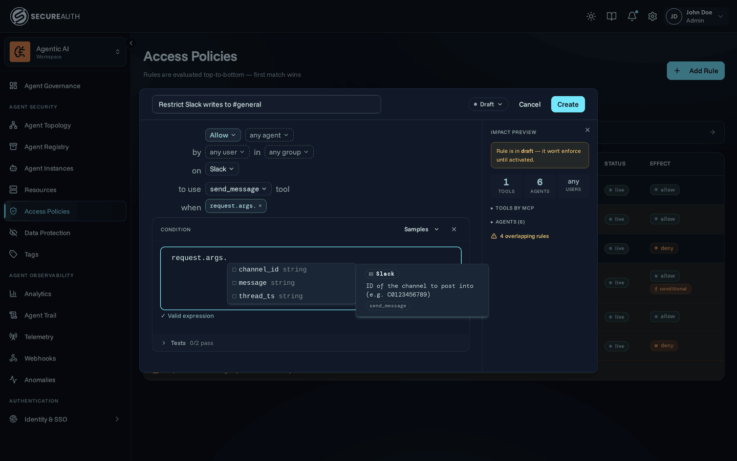 CEL editor with request.args. autocomplete dropdown showing fields, coverage chips, and a per-MCP info panel