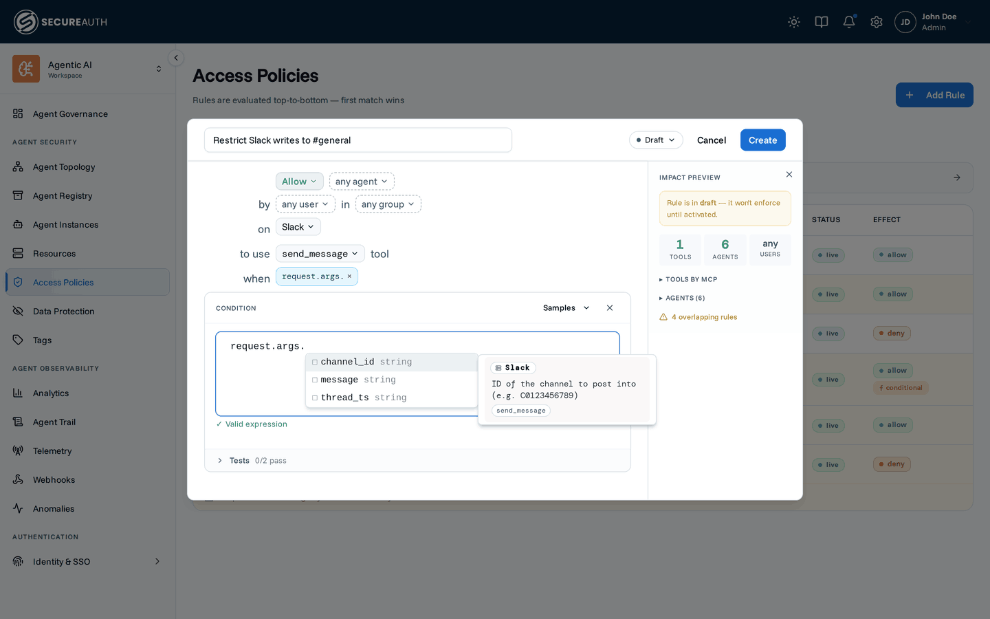 CEL editor with request.args. autocomplete dropdown showing fields, coverage chips, and a per-MCP info panel