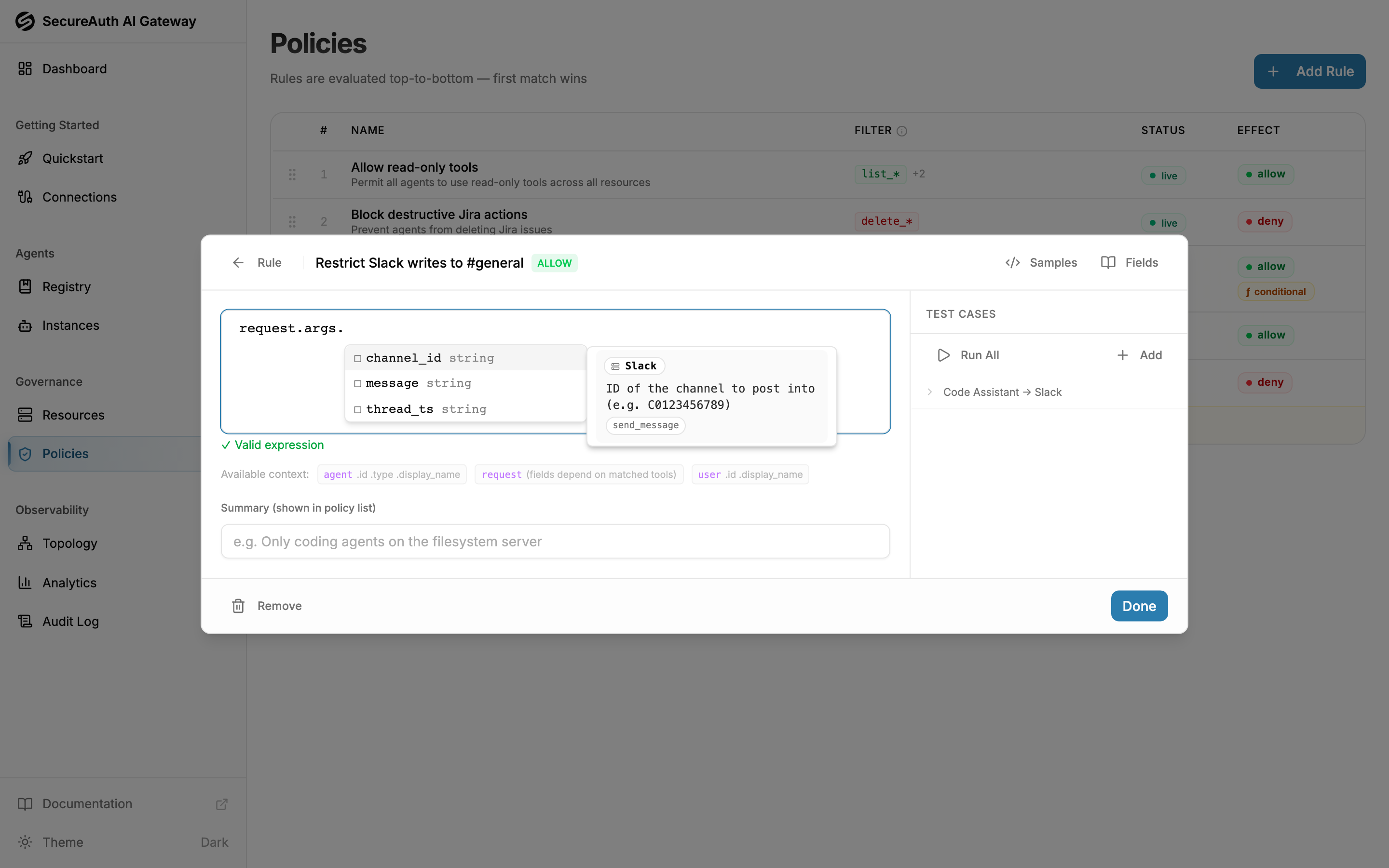 CEL editor with request.args. autocomplete dropdown showing fields, coverage chips, and a per-MCP info panel