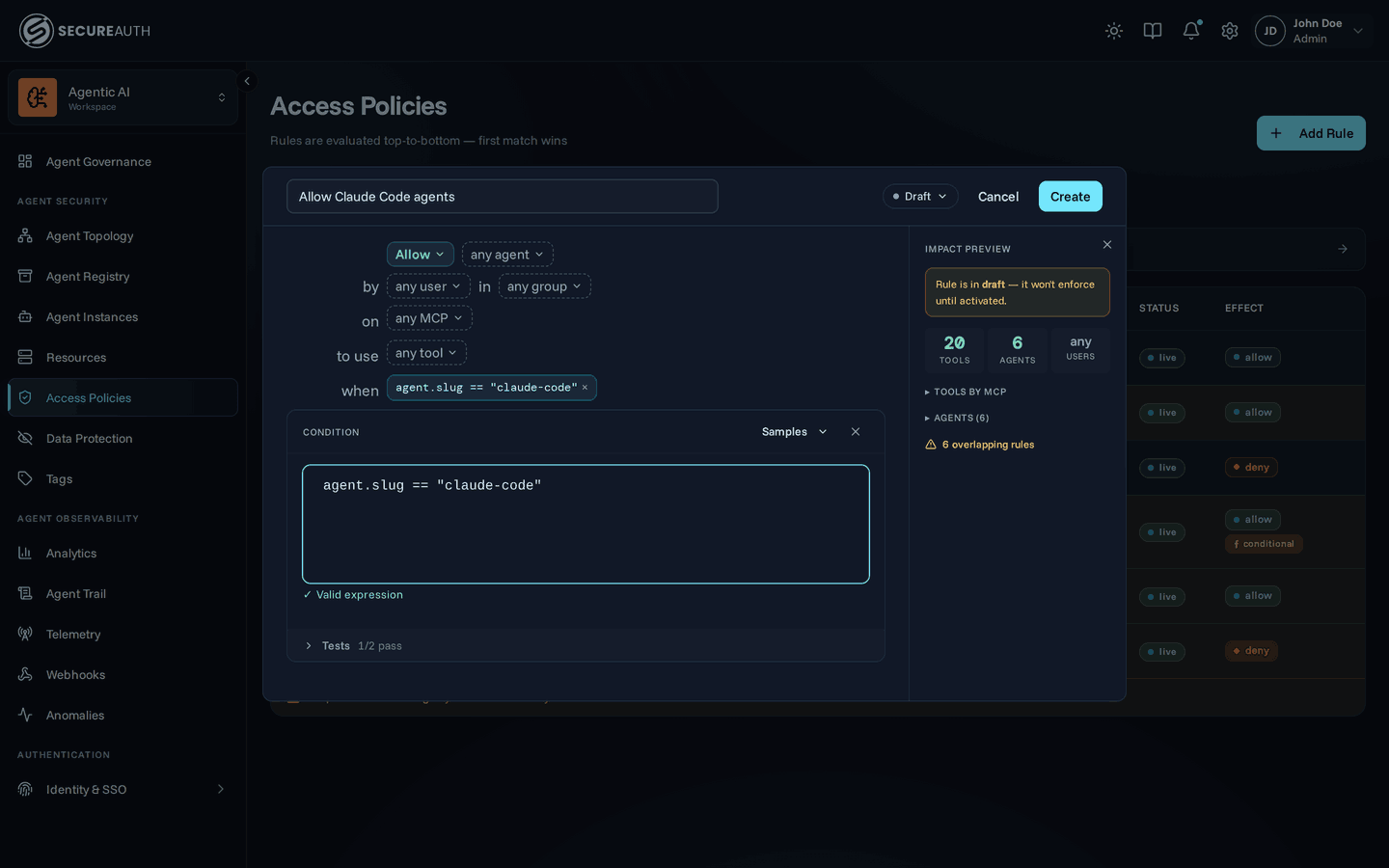 Inline CEL condition editor with the expression and a live tests panel