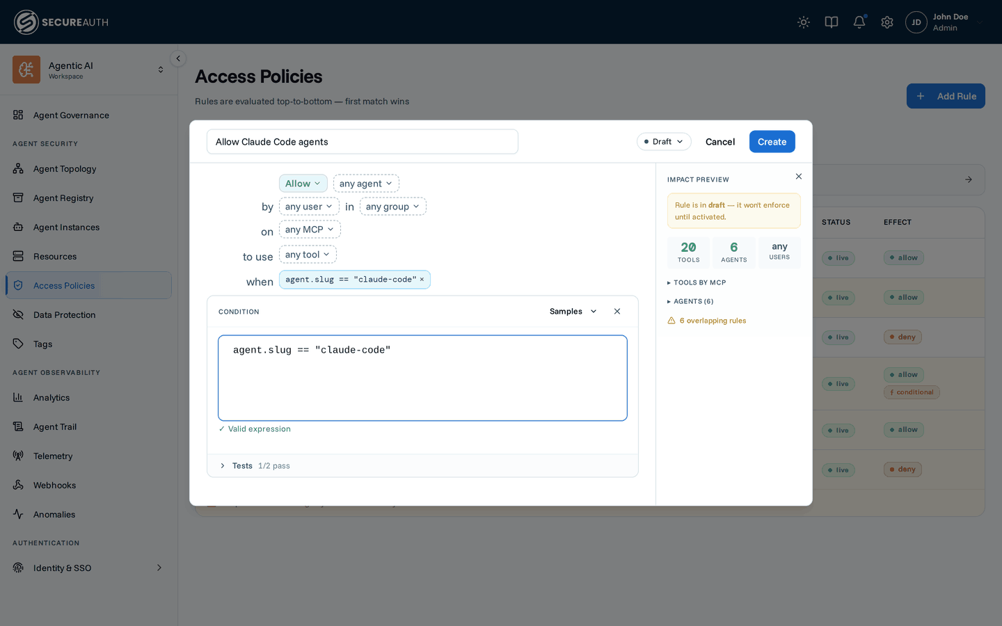 Inline CEL condition editor with the expression and a live tests panel